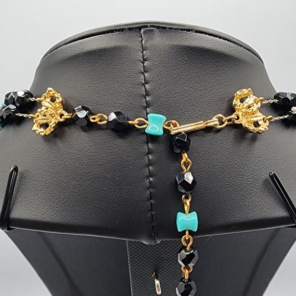 Vintage Hobé Bib Necklace Black Faceted & Aqua Bowtie Glass Beads 1950s - Picture 5 of 8